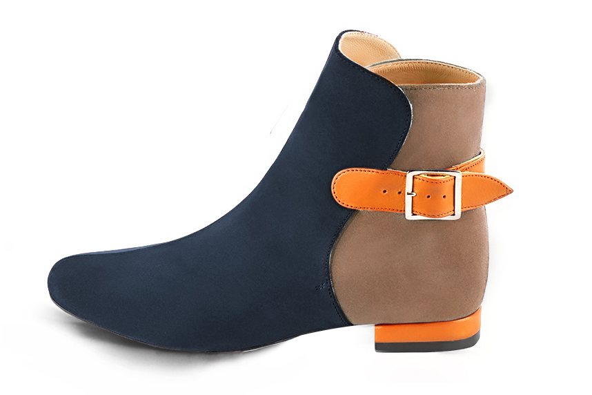 Navy blue, biscuit beige and apricot orange women's ankle boots with buckles at the back. Round toe. Flat block heels. Profile view - Florence KOOIJMAN